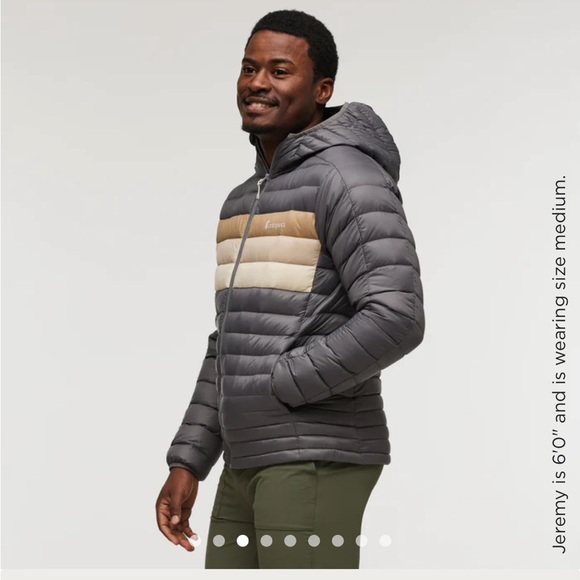 Cotopaxi Men’s Large Fuego Hooded Down Puffer Jacket Cinder Stripes Grey NWT - Picture 11 of 15